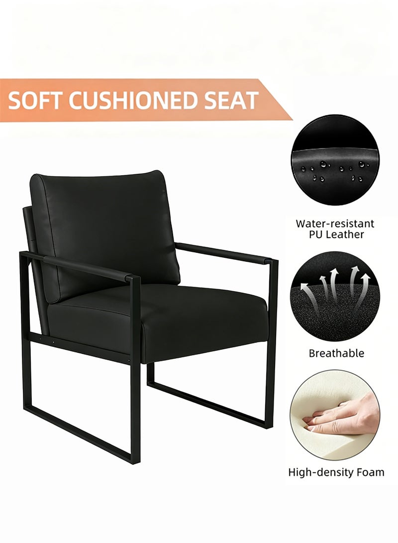TELANPU Modern PU Leather Accent Chair with Lumbar Pillow, Comfortable Armchair with Sturdy Metal Frame and Leather Wrapped Handrails, Mid-Century Reading Chair for Living Room, Bedroom, Office, Black - Image 5