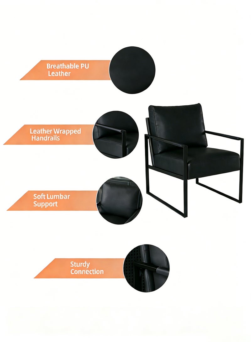TELANPU Modern PU Leather Accent Chair with Lumbar Pillow, Comfortable Armchair with Sturdy Metal Frame and Leather Wrapped Handrails, Mid-Century Reading Chair for Living Room, Bedroom, Office, Black - Image 2