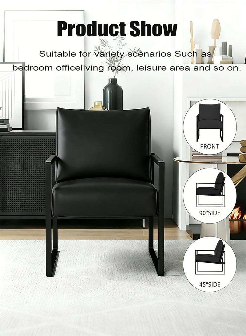 TELANPU Modern PU Leather Accent Chair with Lumbar Pillow, Comfortable Armchair with Sturdy Metal Frame and Leather Wrapped Handrails, Mid-Century Reading Chair for Living Room, Bedroom, Office, Black - Image 3