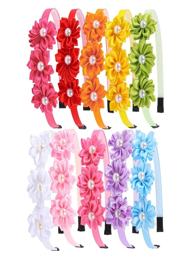 شيما أطواق شعر زيما مزينة باللؤلؤ والزهور للبنات، أطواق شعر من الساتان مزينة بالزهور، ألوان متعددة، عبوة من 10 قطع - Image 4