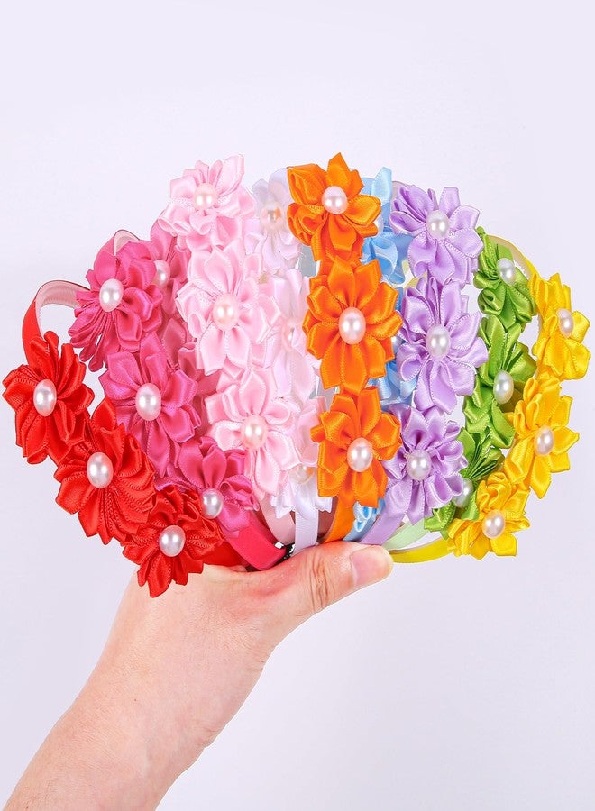 شيما أطواق شعر زيما مزينة باللؤلؤ والزهور للبنات، أطواق شعر من الساتان مزينة بالزهور، ألوان متعددة، عبوة من 10 قطع - Image 2