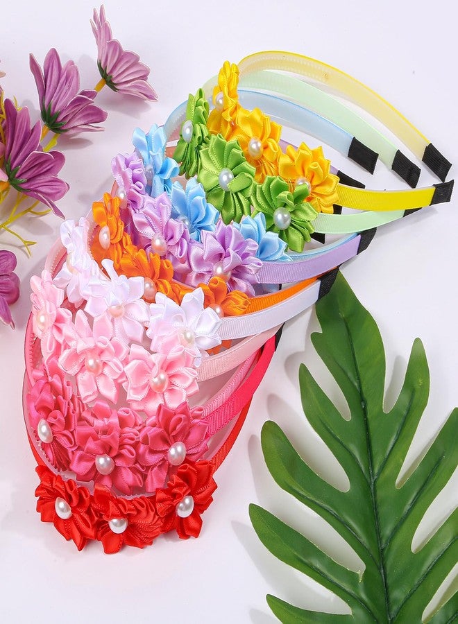شيما أطواق شعر زيما مزينة باللؤلؤ والزهور للبنات، أطواق شعر من الساتان مزينة بالزهور، ألوان متعددة، عبوة من 10 قطع - Image 5