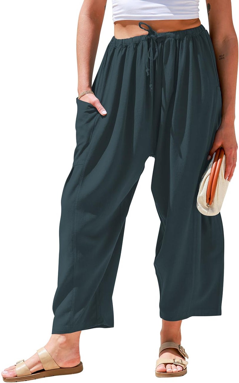 TARSE Womens Linen Pants Casual Wide Leg Loose Drawstring Low Waist Beach Palazzo Harem Pants with Pockets(Seagreen,S) - Image 1
