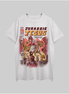 THREADCURRY تي شيرت THREADCURRY Jurassic Jesus كبير الحجم من القطن بكتف منسدلة مطبوع للرجال  - Image 1
