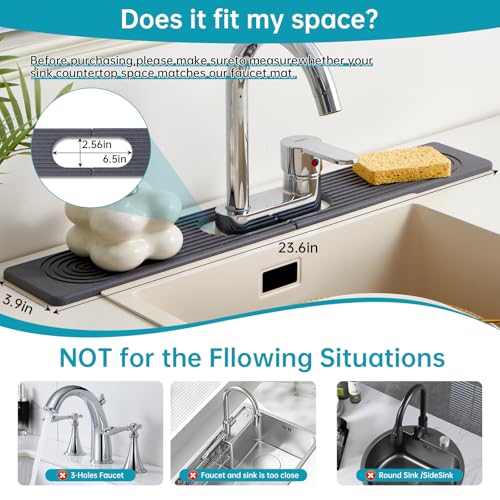 Fatilin Stone Faucet Mat for Kitchen Sink with Oval Hole – 23.6" × 3.9" Diatomite Drying Stone Mat & Sink Protector, Quick-Dry Splash Guard Water-Absorbing Tray for Bathroom Counter（Dark Gray.23.6" x 3.9"） - Image 3