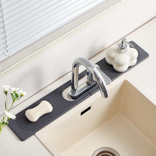 Fatilin Stone Faucet Mat for Kitchen Sink with Oval Hole – 23.6" × 3.9" Diatomite Drying Stone Mat & Sink Protector, Quick-Dry Splash Guard Water-Absorbing Tray for Bathroom Counter（Dark Gray.23.6" x 3.9"） - Image 1