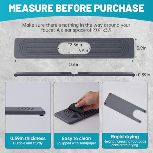 Fatilin Stone Faucet Mat for Kitchen Sink with Oval Hole – 23.6" × 3.9" Diatomite Drying Stone Mat & Sink Protector, Quick-Dry Splash Guard Water-Absorbing Tray for Bathroom Counter（Dark Gray.23.6" x 3.9"） - Image 2
