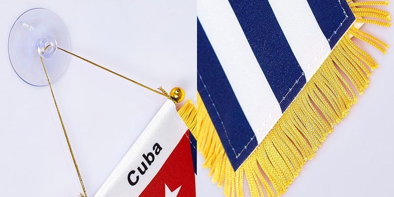 WXTWK 3 X 5 Inch Cuba Flag Cuban Window Hanging Flag Small Mini Car Flags Banners Rearview Mirror Decoration with Suction Cup Golden Fringy Banner - Image 3