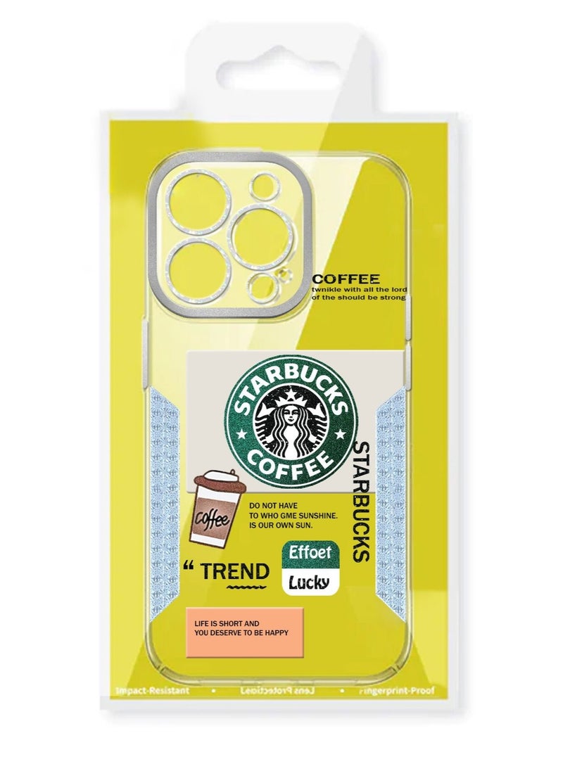 Starbucks - Starbucks Series High Quality Square Edge Cover Full Lens Protective Transparent TPU Case With Stickers For Apple iPhone 14 Pro Silver - Image 1