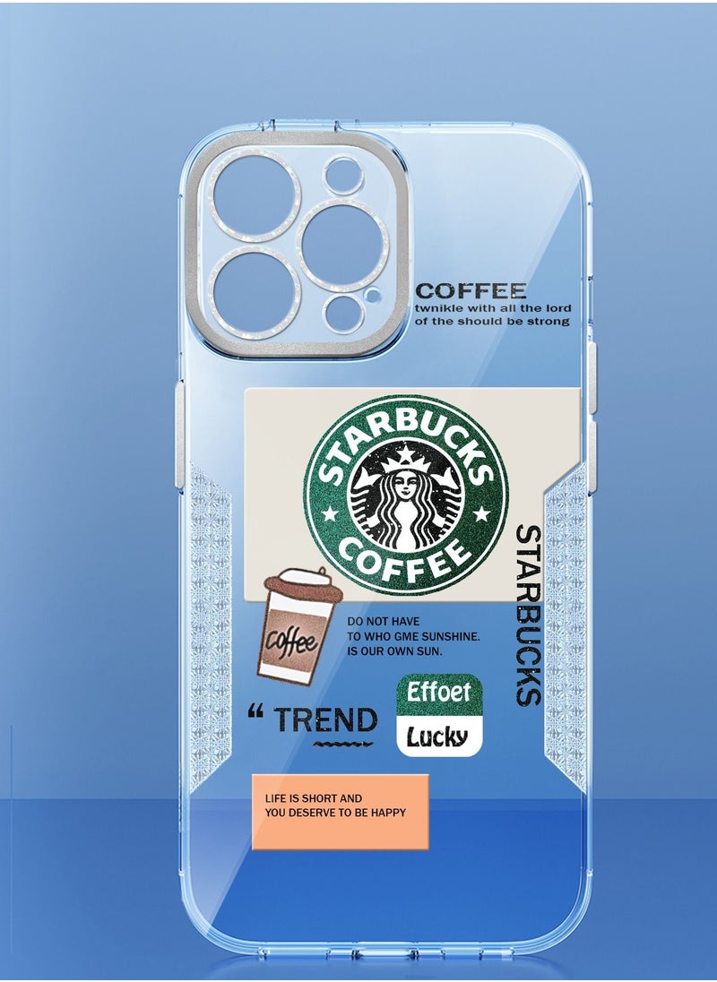 Starbucks - Starbucks Series High Quality Square Edge Cover Full Lens Protective Transparent TPU Case With Stickers For Apple iPhone 14 Pro Silver - Image 1