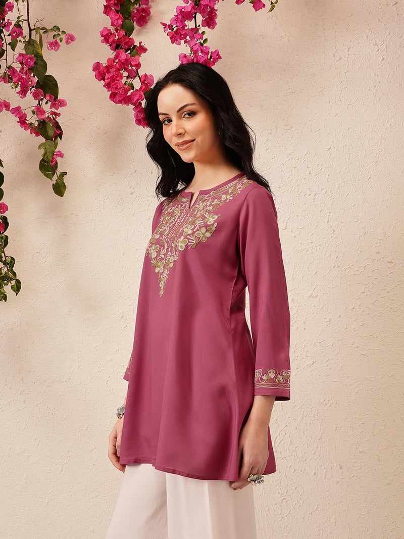 QAZMI Rayon Women's Naila Kashmiri A-Line Regular Fit Short Kurti_Medium - Image 2