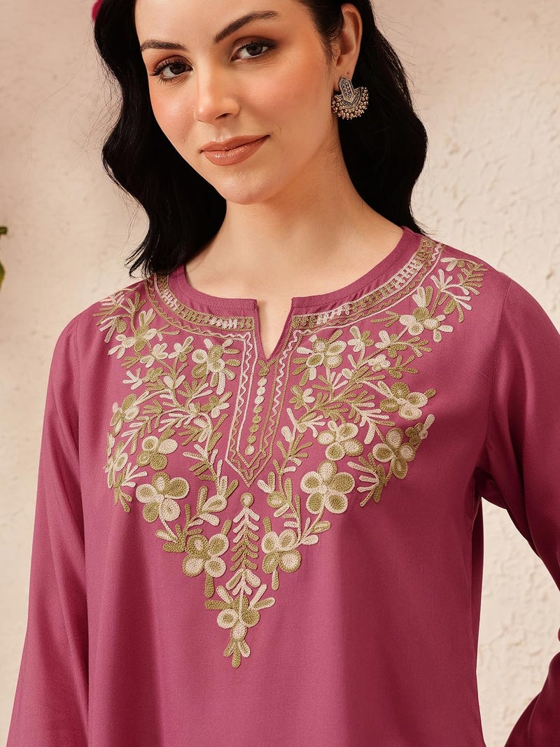 QAZMI Rayon Women's Naila Kashmiri A-Line Regular Fit Short Kurti_Medium - Image 4