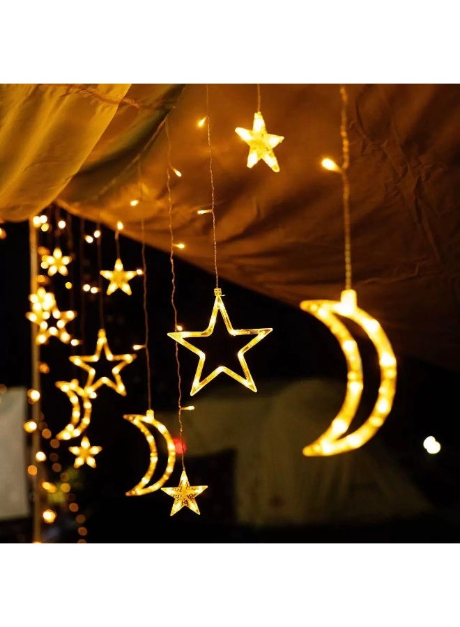 Decorative Starry String Curtain Ramadan Lights Moons and Stars LED Night Light for Ramadan Home Decoration Party, USB Powered (Warm White) With 8 Modes Setting
