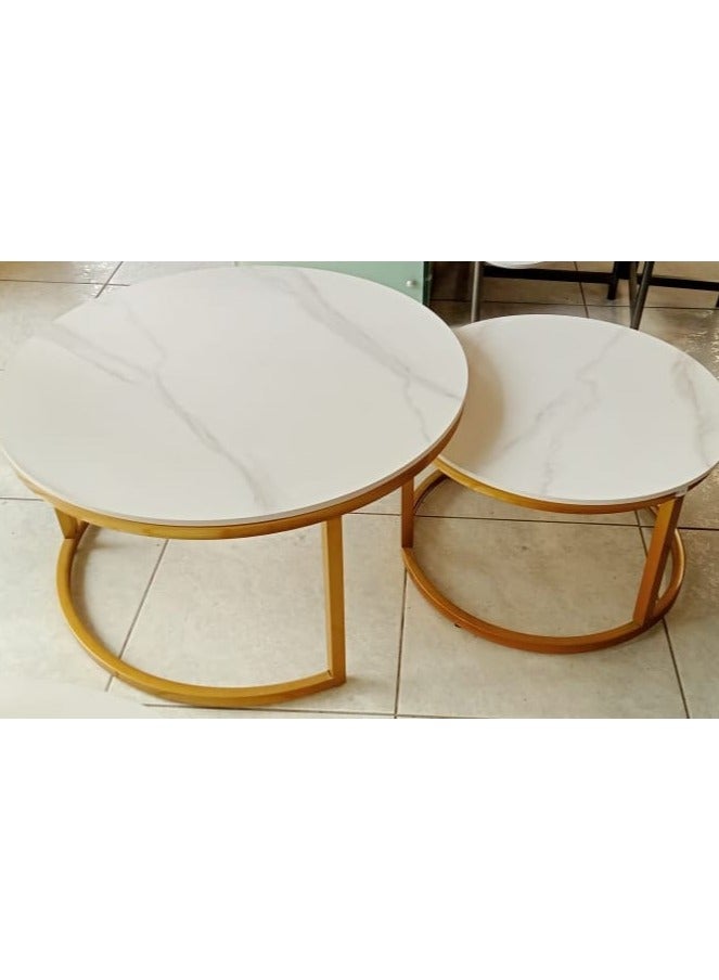 COFFEE TABLE WHITE COLOR MARBLE FINISH TOP METAL BASE FOR LIVING ROOM 2PCS SET - Image 3