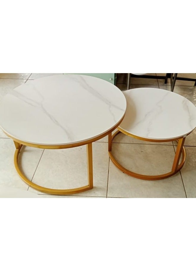 COFFEE TABLE WHITE COLOR MARBLE FINISH TOP METAL BASE FOR LIVING ROOM 2PCS SET - Image 1