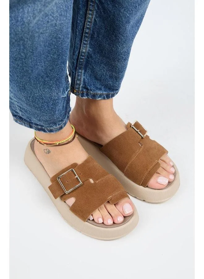 Manijero  Women's Genuine Leather Single Strap Tan Slippers - Brown for Women | Best Price UAE