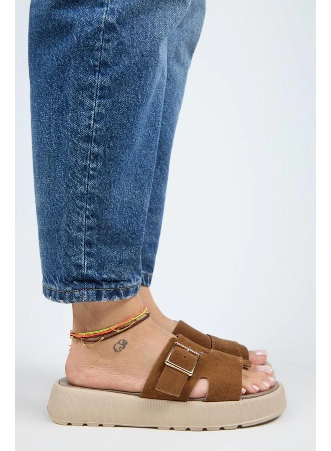 Women's Genuine Leather Single Strap Tan Slippers - Brown