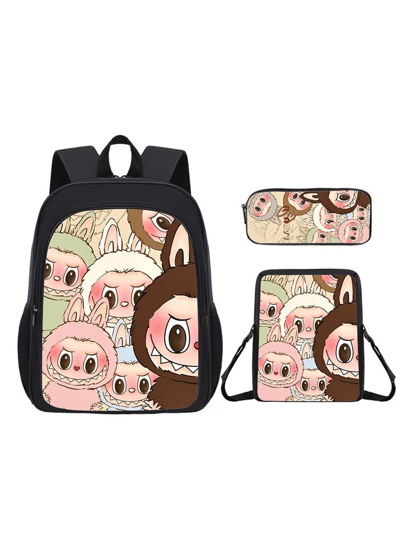 Labubu Student Cartoon Schoolbag Cute Children's Backpack Large Capacity Backpack 34*26*14CM + Lunch Bag 23*19*6CM + Pencil Case 11*24*7CM Three-piece Set - Image 1