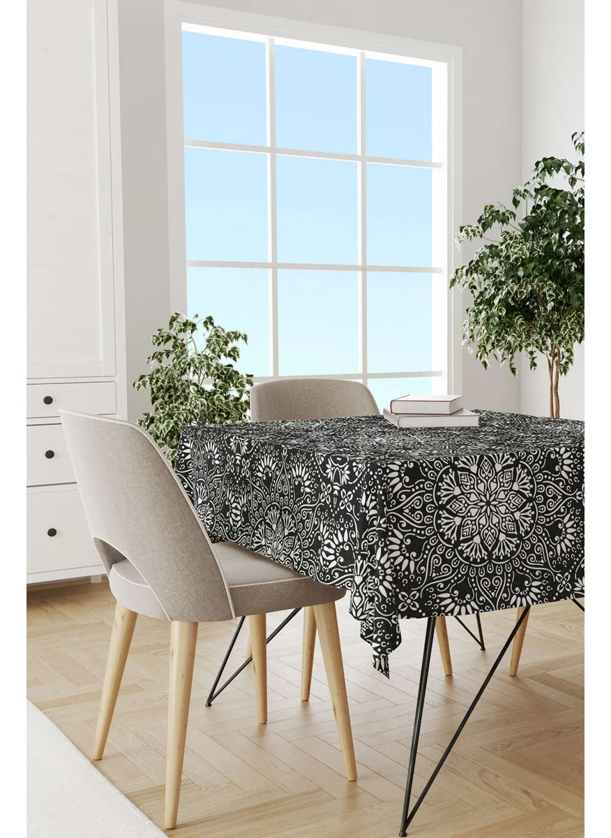 Cango Home White Black Ramadan Themed Decorative Mandala Patterned Digital Printed Tablecloth CGH1296-MS