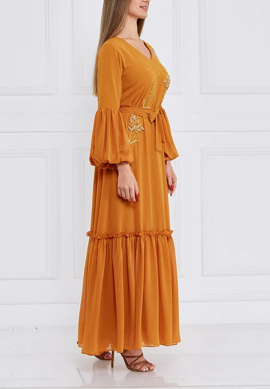 Amri V-neck dress with Frill and Embroidery Detail in Front