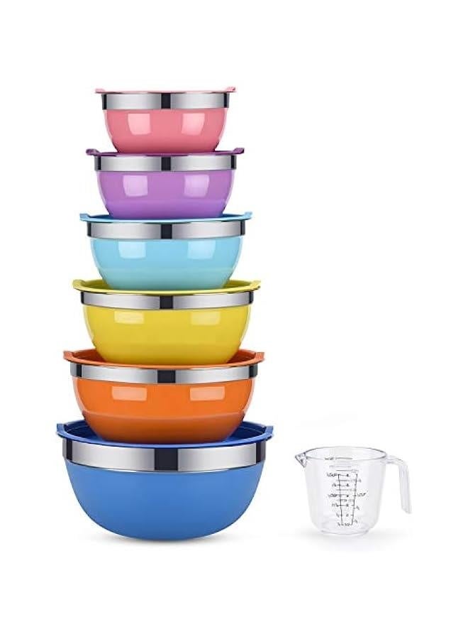 Mixing Bowls, 6 piece Salad Bowl Stainless Steel Basin Metal Bowls Set With Colorful Lids - Set Includes 2, 2.5, 3, 4, 5.5, 7Quart, Measuring Cup as a Gift - Image 1