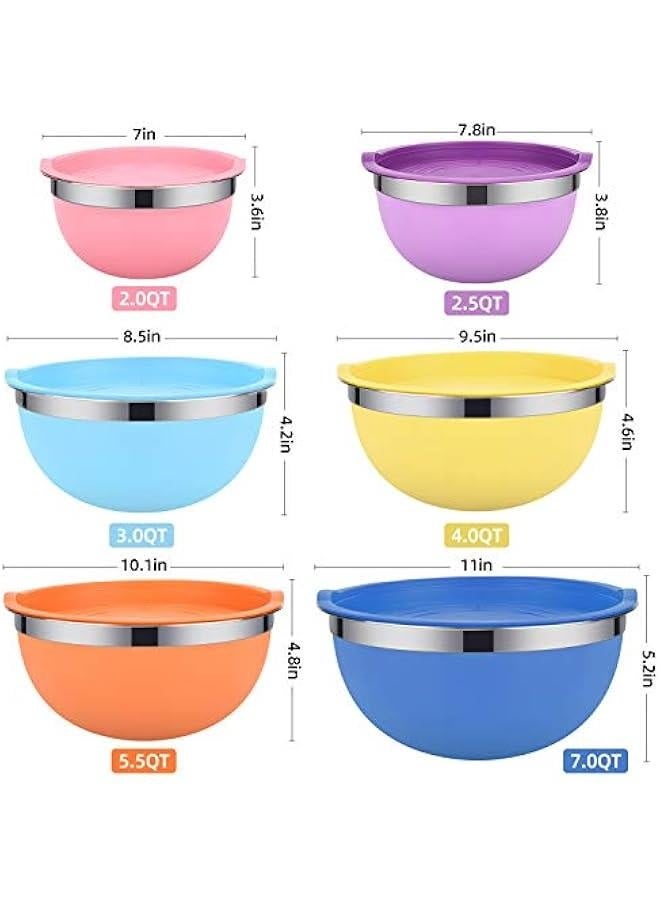 Mixing Bowls, 6 piece Salad Bowl Stainless Steel Basin Metal Bowls Set With Colorful Lids - Set Includes 2, 2.5, 3, 4, 5.5, 7Quart, Measuring Cup as a Gift - Image 2