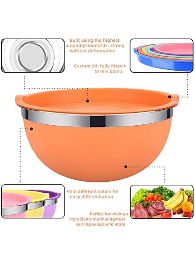 Mixing Bowls, 6 piece Salad Bowl Stainless Steel Basin Metal Bowls Set With Colorful Lids - Set Includes 2, 2.5, 3, 4, 5.5, 7Quart, Measuring Cup as a Gift - Image 4