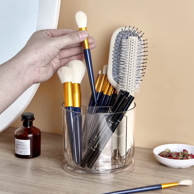 VANZAVANZU Makeup Brush Holder Organizer -Rotating 360Â° Clear Storage Cup Containers for Vanity, Desk, Countertop, Spinning Pen Holder for Desk, Round Make up Brush Stand with 5 Slots, for Cosmestics (Clear) - Image 5