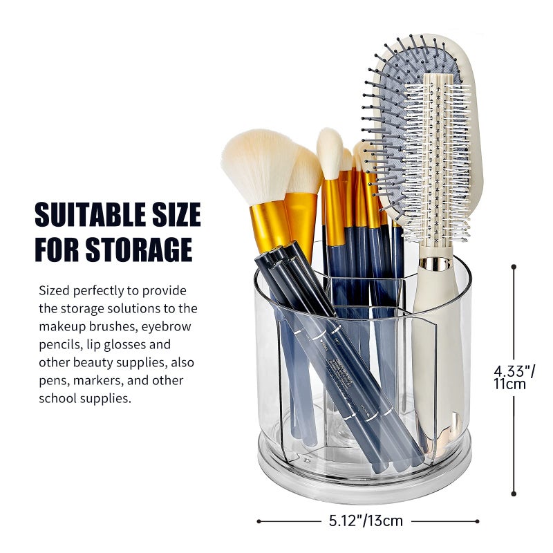 VANZAVANZU Makeup Brush Holder Organizer -Rotating 360Â° Clear Storage Cup Containers for Vanity, Desk, Countertop, Spinning Pen Holder for Desk, Round Make up Brush Stand with 5 Slots, for Cosmestics (Clear) - Image 2