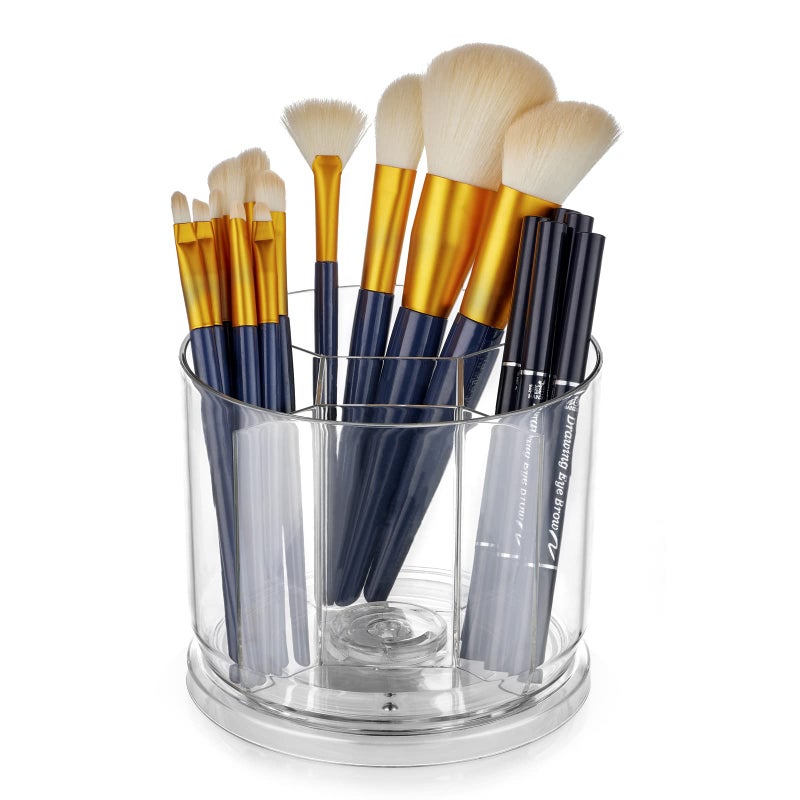 VANZAVANZU Makeup Brush Holder Organizer -Rotating 360Â° Clear Storage Cup Containers for Vanity, Desk, Countertop, Spinning Pen Holder for Desk, Round Make up Brush Stand with 5 Slots, for Cosmestics (Clear) - Image 1