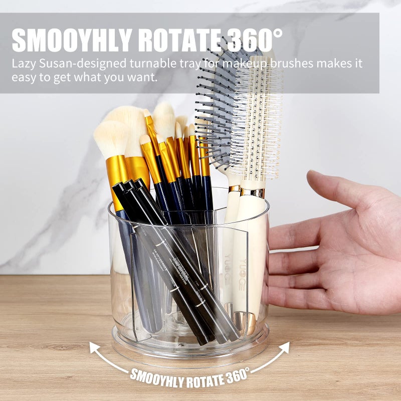 VANZAVANZU Makeup Brush Holder Organizer -Rotating 360Â° Clear Storage Cup Containers for Vanity, Desk, Countertop, Spinning Pen Holder for Desk, Round Make up Brush Stand with 5 Slots, for Cosmestics (Clear) - Image 3