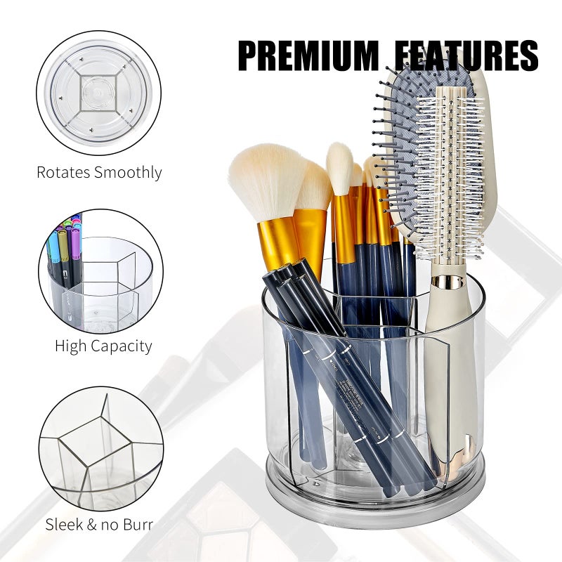 VANZAVANZU Makeup Brush Holder Organizer -Rotating 360Â° Clear Storage Cup Containers for Vanity, Desk, Countertop, Spinning Pen Holder for Desk, Round Make up Brush Stand with 5 Slots, for Cosmestics (Clear) - Image 4