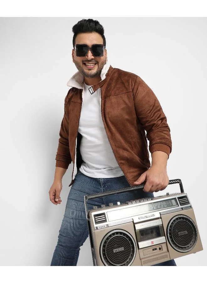 انستافاب بلس جاكيت رجالي بني بسحاب أمامي وتفاصيل صوف