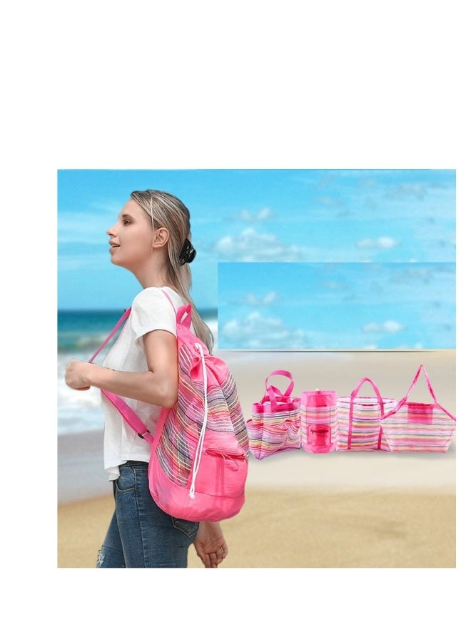 5pcs Beach Tote Bag Beach Toy Storage Bag Beach Shell Bag Kids Beach Bag Mesh Pool Bag Rainbow Mesh Storage Toy Backpack - Image 3