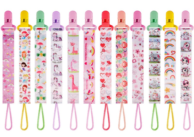 Tamhoo 12 Pack Pacifier Clips with Adjustable Strap (32-46.5cm)/Short Strap(25.5cm) - Premium Polyester Baby Pacifier Holder Set, Multi-Design Clips for Boys Girls (Multicolor G 25/26cm) - Image 1