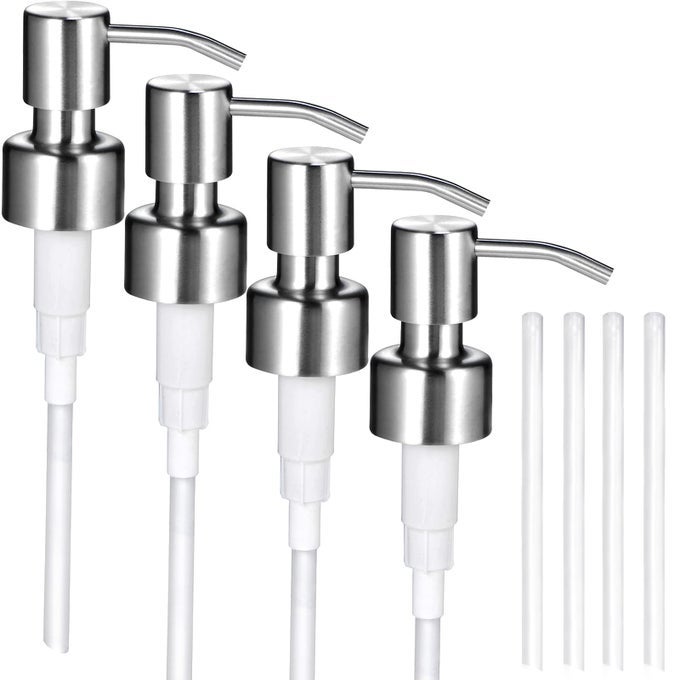 4PC SOAP DISPENSER LIDS STAINLESS STEEL REPLACEMENT PUMP WATERPROOF LABEL STICKERS 8 PACK TUBES FIT 28400 THREAD NECK BOTTLESFOR DISH SOAPLOTIONSCONDITIONERSHAMPOO BRUSHED NICKEL