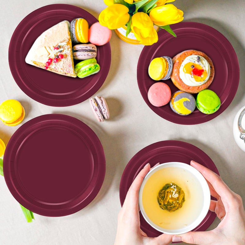 QZYL 50 Pieces Paper Plates, 7" Burgundy Bulk Dessert Plates, Disposable Plates Party Supplies, Round Small Paper Plates, Burgundy Party Decorations for Bridal Dinner Holiday Travel Valentines - Image 4