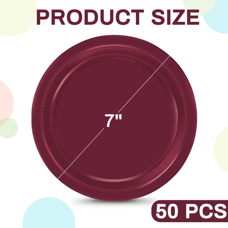 QZYL 50 Pieces Paper Plates, 7" Burgundy Bulk Dessert Plates, Disposable Plates Party Supplies, Round Small Paper Plates, Burgundy Party Decorations for Bridal Dinner Holiday Travel Valentines - Image 2