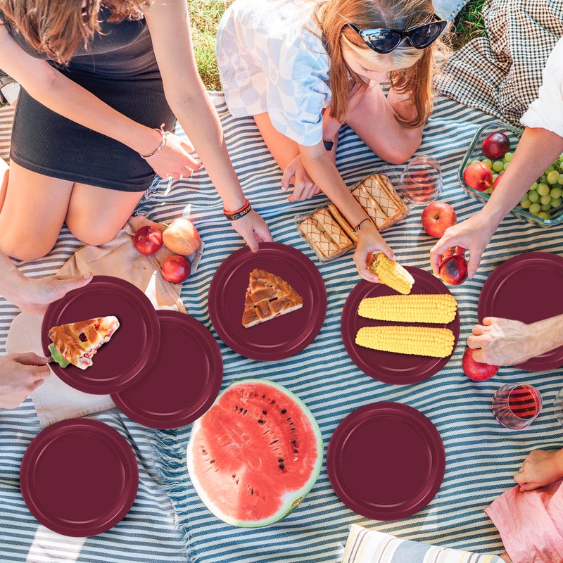 QZYL 50 Pieces Paper Plates, 7" Burgundy Bulk Dessert Plates, Disposable Plates Party Supplies, Round Small Paper Plates, Burgundy Party Decorations for Bridal Dinner Holiday Travel Valentines - Image 5
