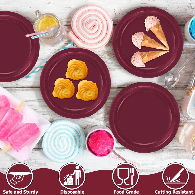 QZYL 50 Pieces Paper Plates, 7" Burgundy Bulk Dessert Plates, Disposable Plates Party Supplies, Round Small Paper Plates, Burgundy Party Decorations for Bridal Dinner Holiday Travel Valentines - Image 3