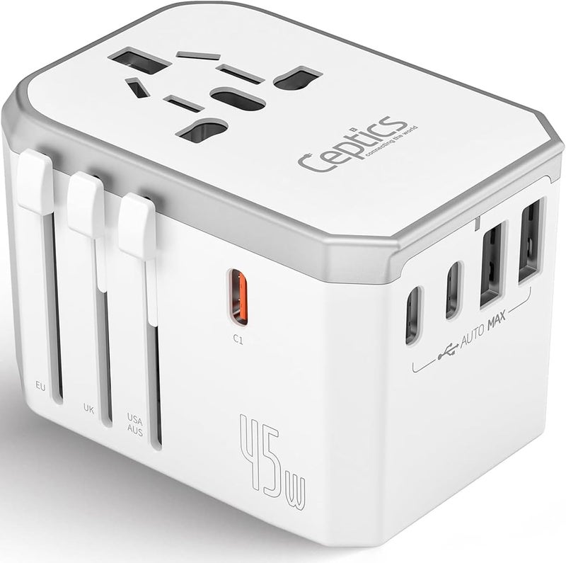 Ceptics 6-in-1 Universal Travel Adapter with 2X USB-A and 3X USB-C, 45W for Global Use, Compatible with US, EU, UK & More, White - Image 1