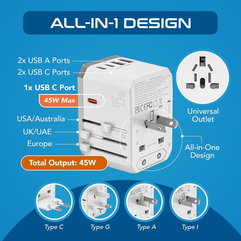 Ceptics 6-in-1 Universal Travel Adapter with 2X USB-A and 3X USB-C, 45W for Global Use, Compatible with US, EU, UK & More, White - Image 3