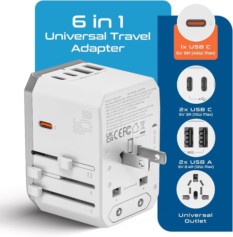 Ceptics 6-in-1 Universal Travel Adapter with 2X USB-A and 3X USB-C, 45W for Global Use, Compatible with US, EU, UK & More, White - Image 2