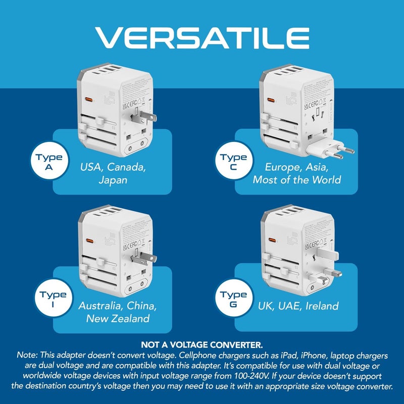Ceptics 6-in-1 Universal Travel Adapter with 2X USB-A and 3X USB-C, 45W for Global Use, Compatible with US, EU, UK & More, White - Image 5