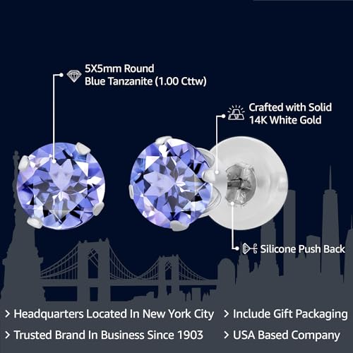 Gem Stone King Solid 14K Gold Genuine Natural Tanzanite Stud Earrings for Women Men | Gemstone Birthstone | Round 5MM | Gold Earrings | 1.00 Cttw - Image 2