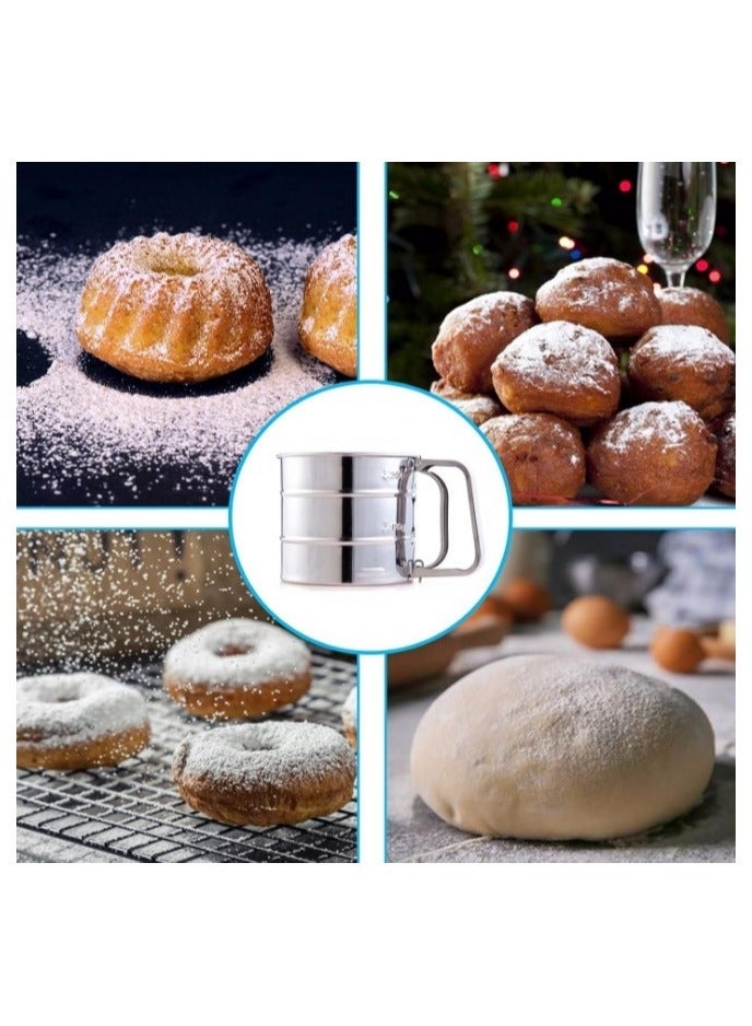 "Stainless Steel Flour Sifter with Measurement for Sugar and Flour, Fine Mesh Strainers for Food with Handle, Double Layer Bread Sifter, One-Handed Crank Pressure Sifter, Flour Sifter for Baking, Round Fine Mesh Strainers, One-Handed Pressure Design from Stainless Steel, Multi-Purpose Fine Mesh Strainers, Large Capacity Flour Sifter Cup for Baking and Kitchen." - Image 5