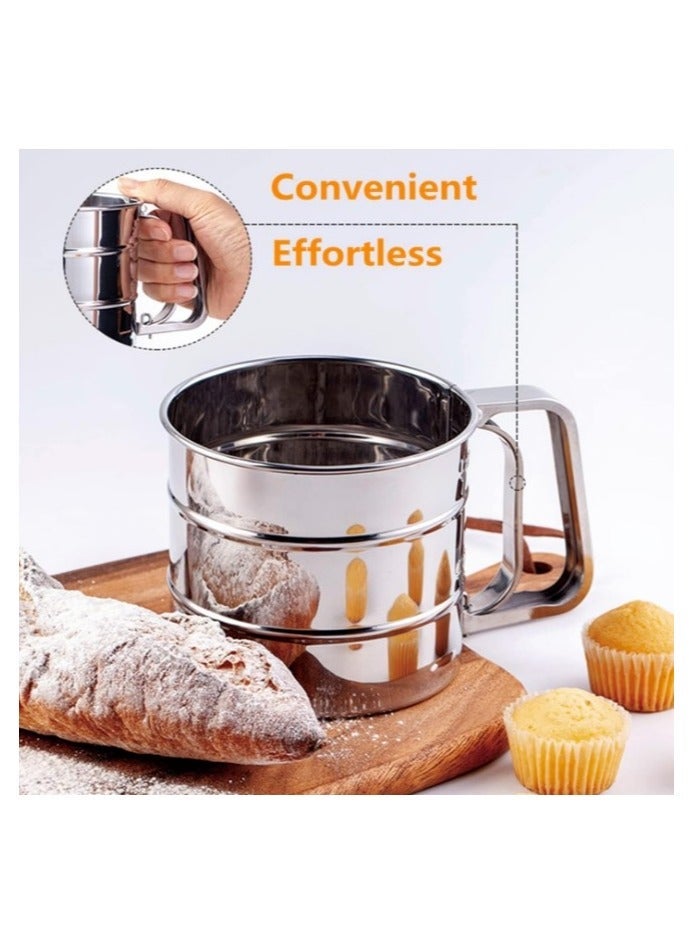 "Stainless Steel Flour Sifter with Measurement for Sugar and Flour, Fine Mesh Strainers for Food with Handle, Double Layer Bread Sifter, One-Handed Crank Pressure Sifter, Flour Sifter for Baking, Round Fine Mesh Strainers, One-Handed Pressure Design from Stainless Steel, Multi-Purpose Fine Mesh Strainers, Large Capacity Flour Sifter Cup for Baking and Kitchen." - Image 3