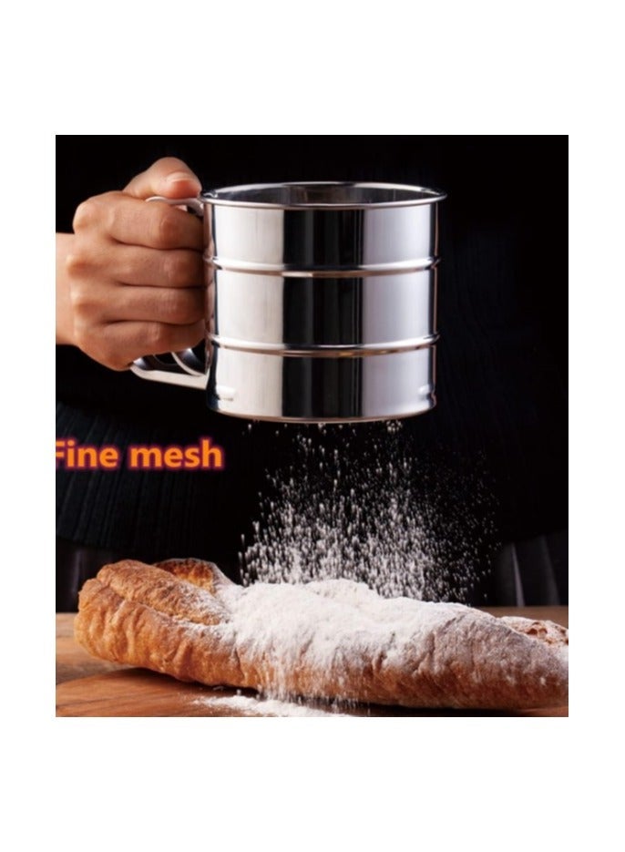 "Stainless Steel Flour Sifter with Measurement for Sugar and Flour, Fine Mesh Strainers for Food with Handle, Double Layer Bread Sifter, One-Handed Crank Pressure Sifter, Flour Sifter for Baking, Round Fine Mesh Strainers, One-Handed Pressure Design from Stainless Steel, Multi-Purpose Fine Mesh Strainers, Large Capacity Flour Sifter Cup for Baking and Kitchen." - Image 4