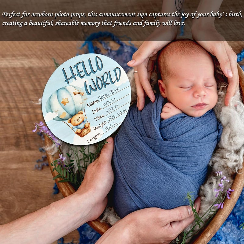 Al Raied ARS® Blue Bear Baby Announcement Sign, Wooden Nursery Birth Name Plaque 6in - Image 4