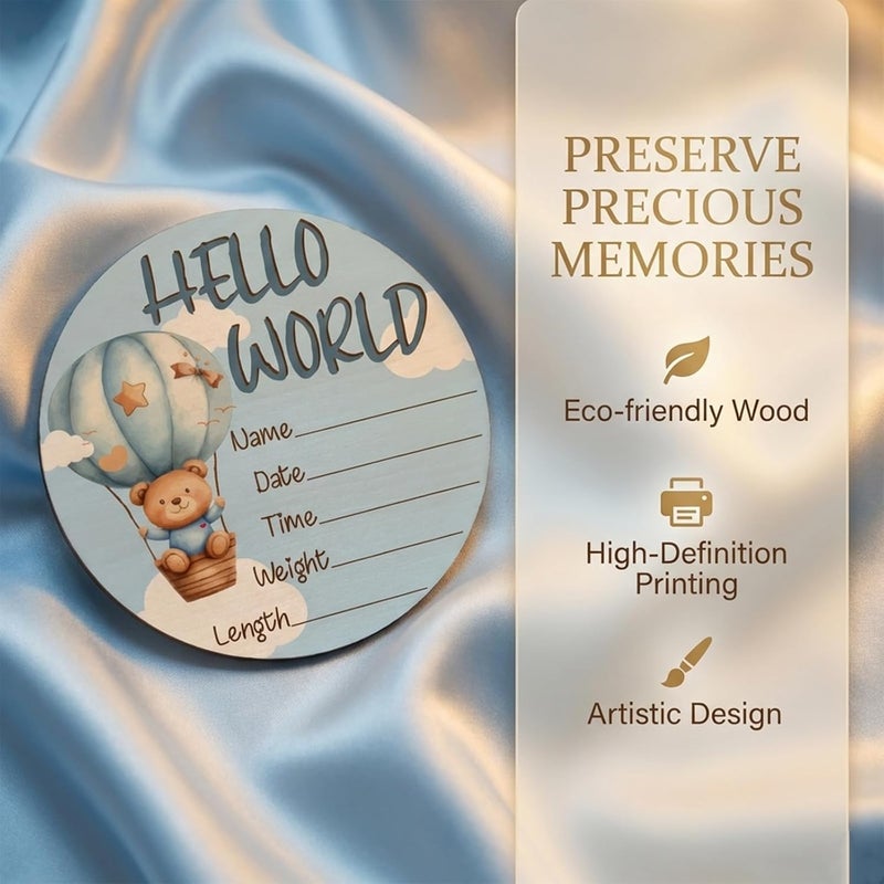 Al Raied ARS® Blue Bear Baby Announcement Sign, Wooden Nursery Birth Name Plaque 6in - Image 2